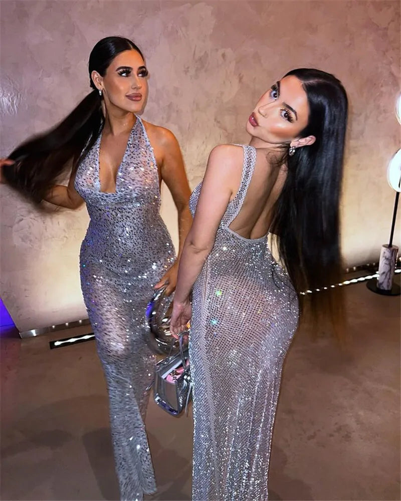 Halter Neck Backless Glitter Long Dress - View 5