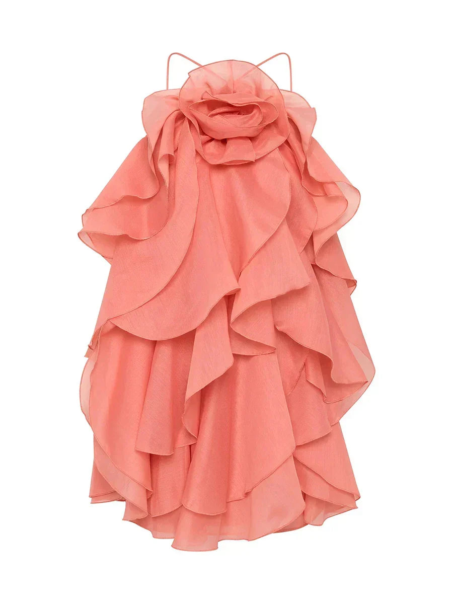 Halter Neck 3D Rosette Tiered Ruffle Organza Mini Dress - View 7