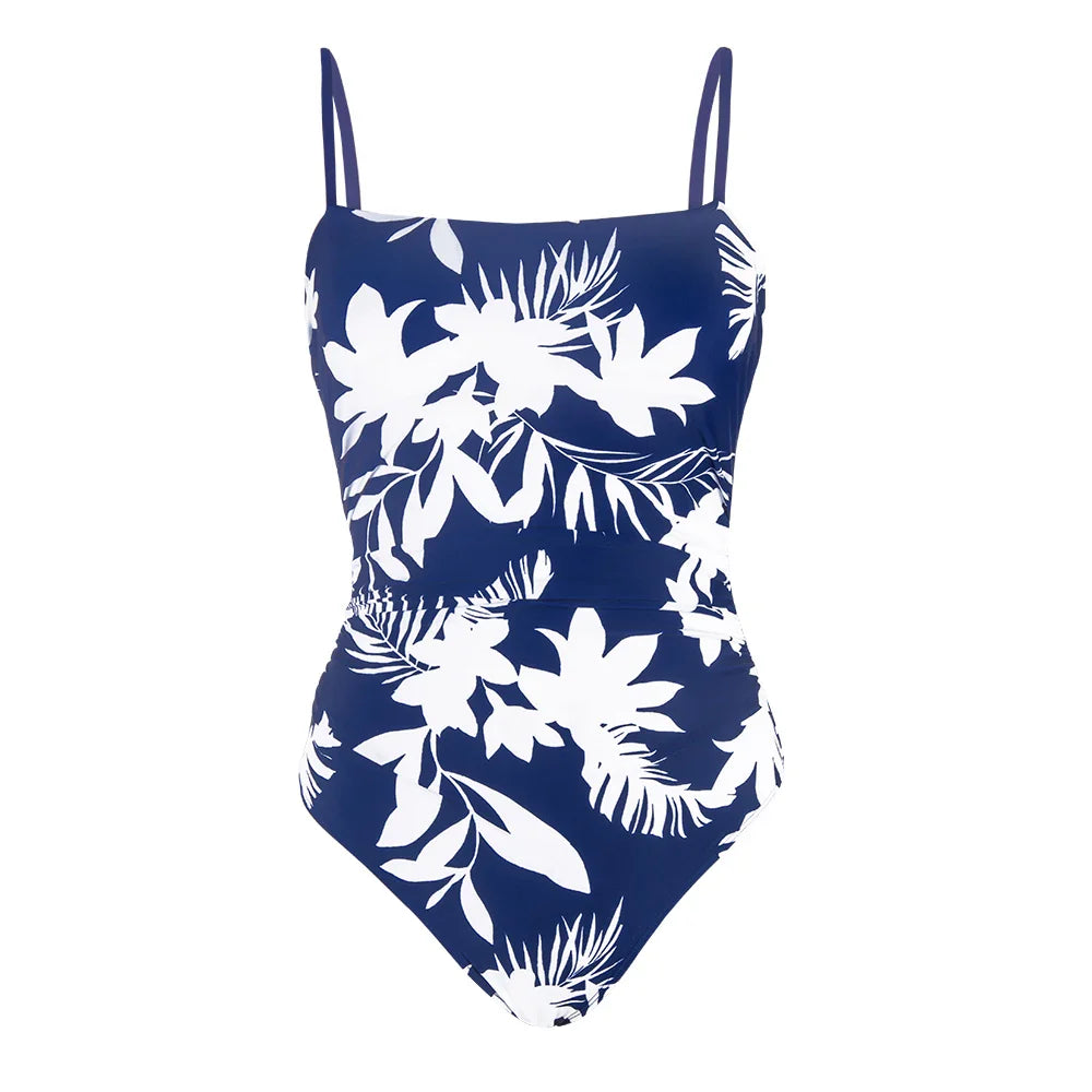 Leaf Print Shirred Square Neck One Piece Set