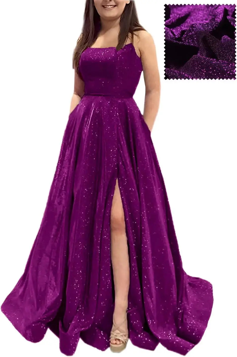 Elegant A-Line Formal Evening Gown with Pockets and Glitter - Fashionpara