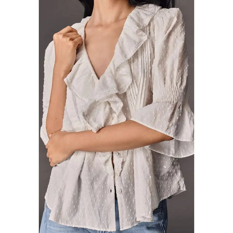 Ruffle Trim Swiss Dot Blouse