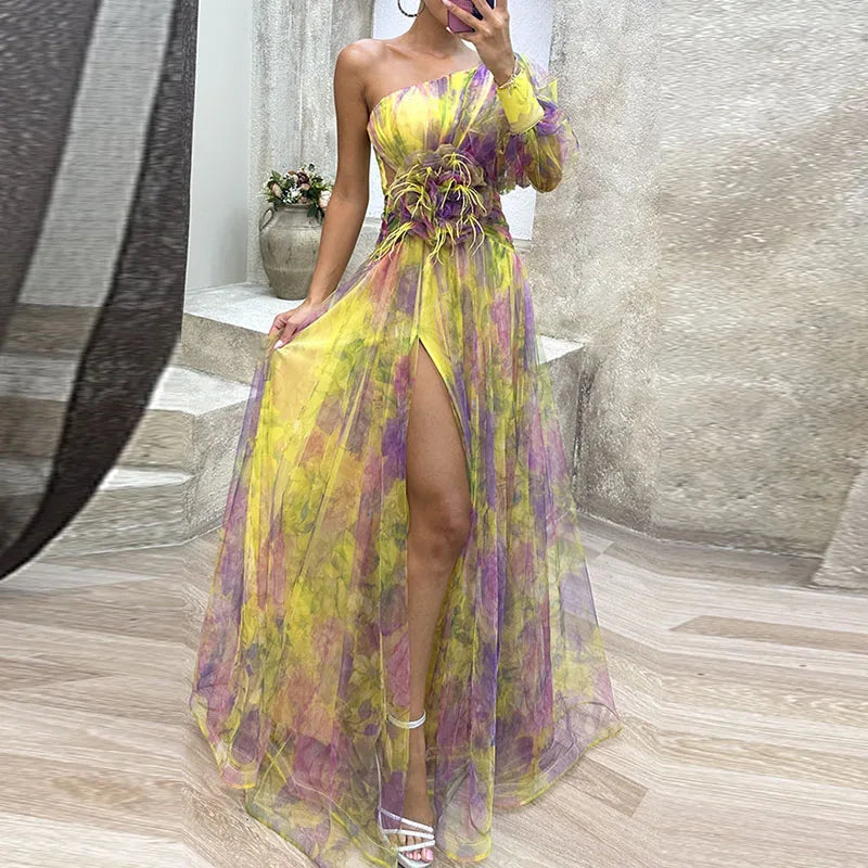 Floral One Shoulder Cut Out High Split Maxi Gown 6