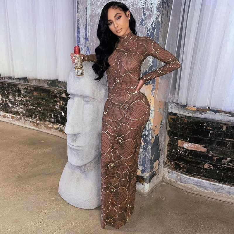 Embellished High Neck Long Sleeve Bodycon Maxi Dress