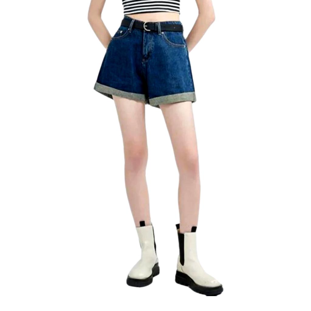 Wide-leg mid-wash denim shorts - Fashionpara