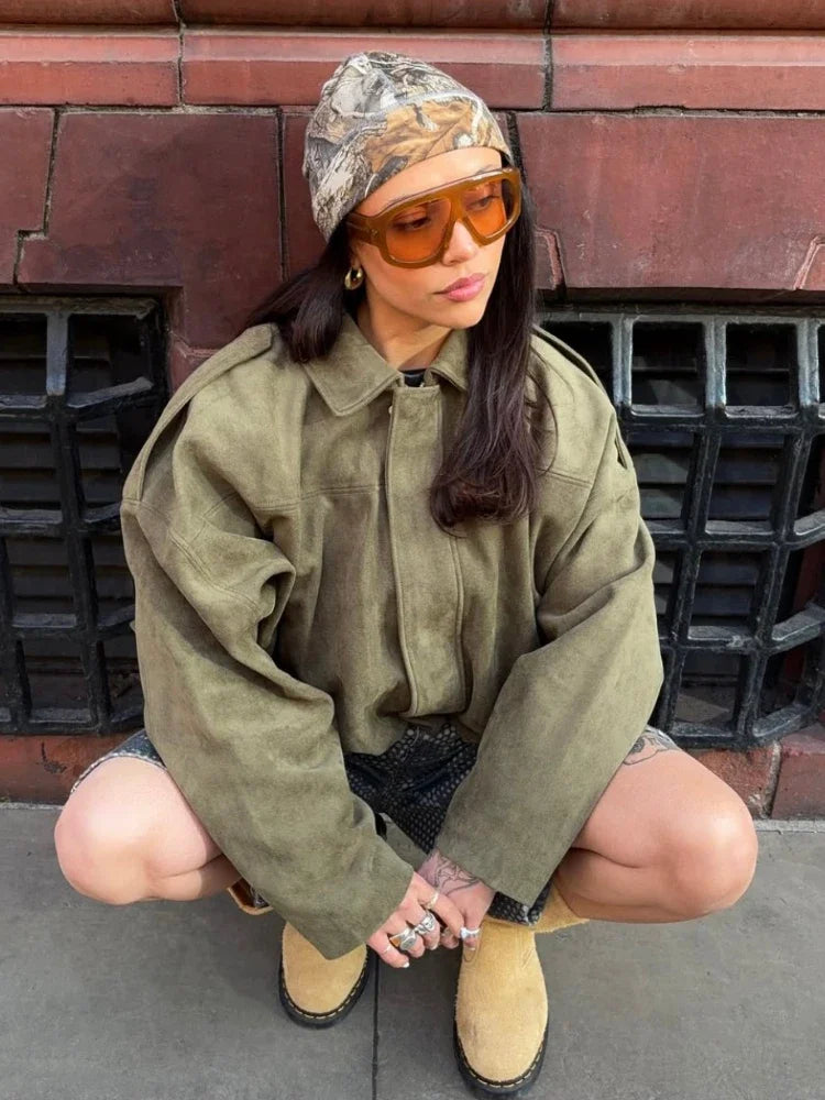 Brown Green Lapel Bomber Jacket - Fashionpara