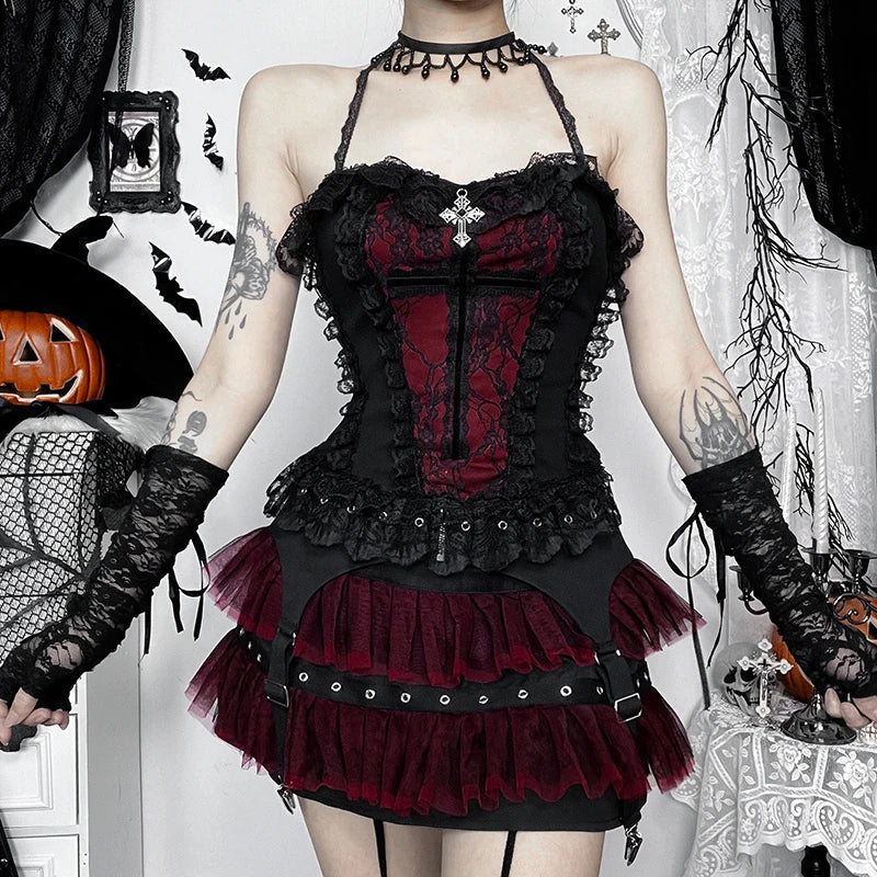 Dark Lace Trim Backless Crop Top