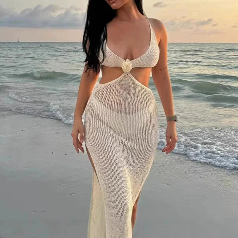 V Neck Hollow Knitted Beach Dress Bikini Set