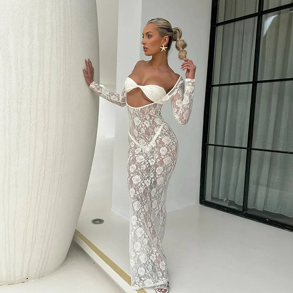 Perspective Lace Hollow Out Bodycon Maxi Dress - View 23