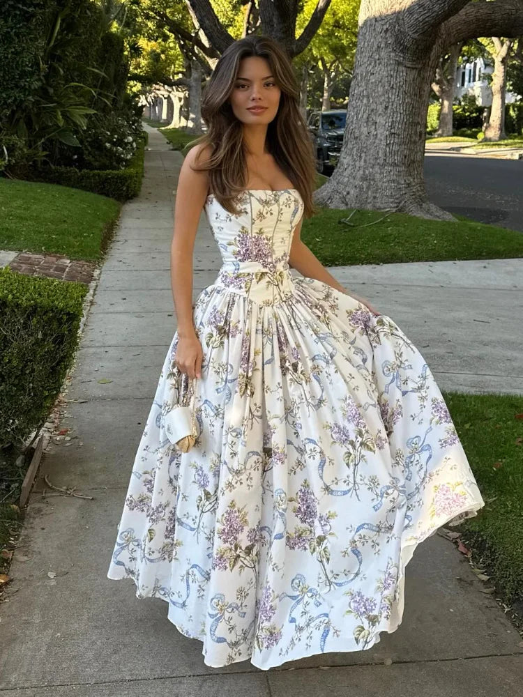 Floral Print Strapless Corset A-Line Ball Gown