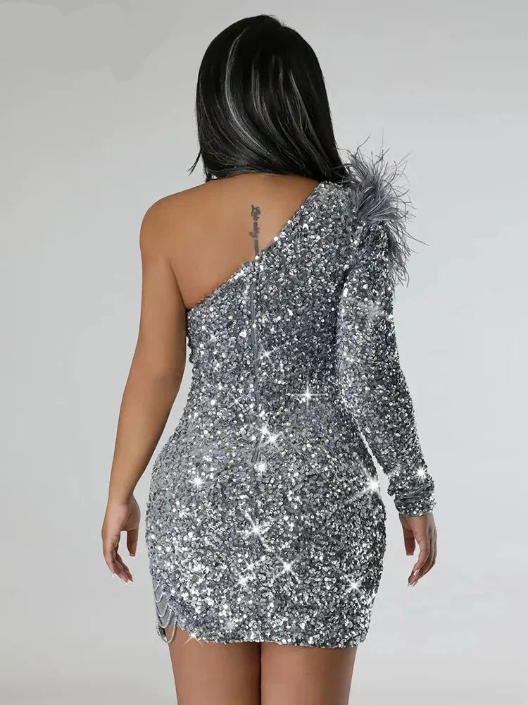 Sequin One Shoulder Long Sleeve Bodycon Mini Party Dress