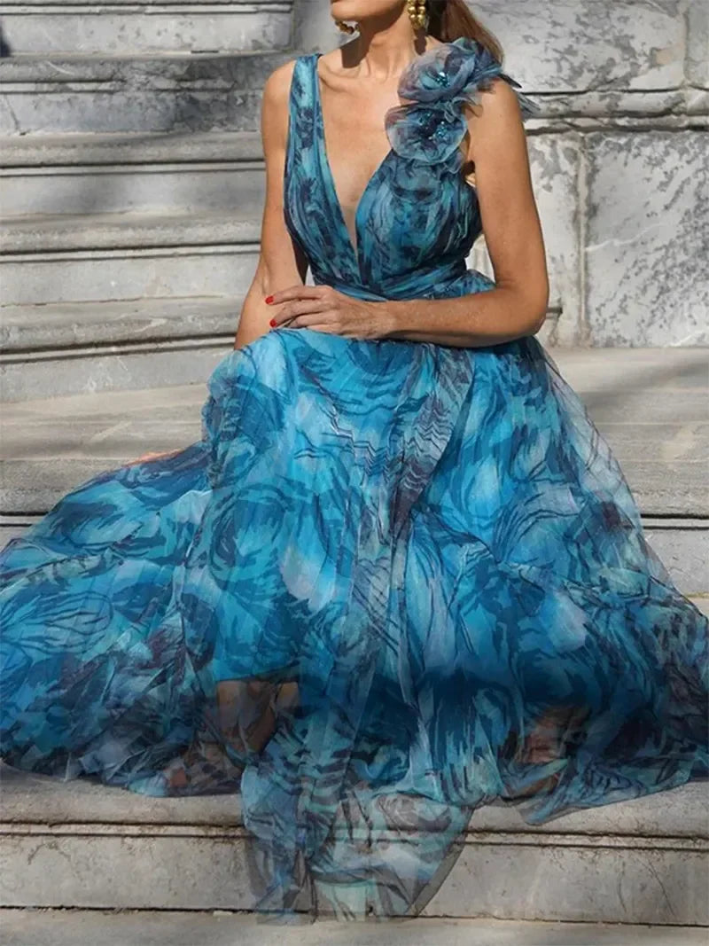 Abstract Print One Shoulder Ruffle Deep V-Neck A-Line Maxi Dress - View 2