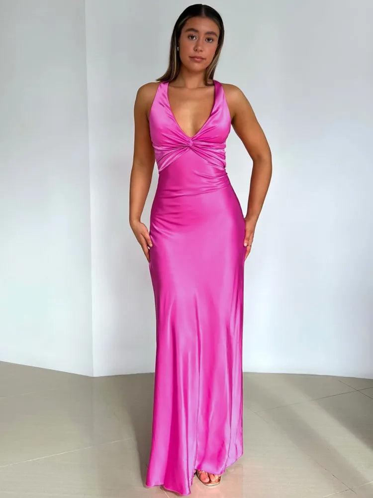 Satin Ruched Backless Maxi Dress in Purple - View 3