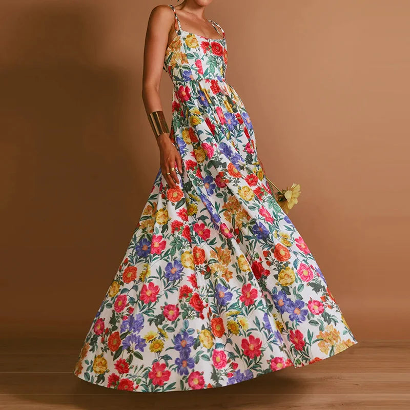 Elegant Floral Print Off-Shoulder Pleated Gown for Women