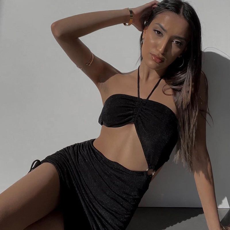 Ring Halter Cutout Ruched Drawstring Bodycon Mini Dress 7