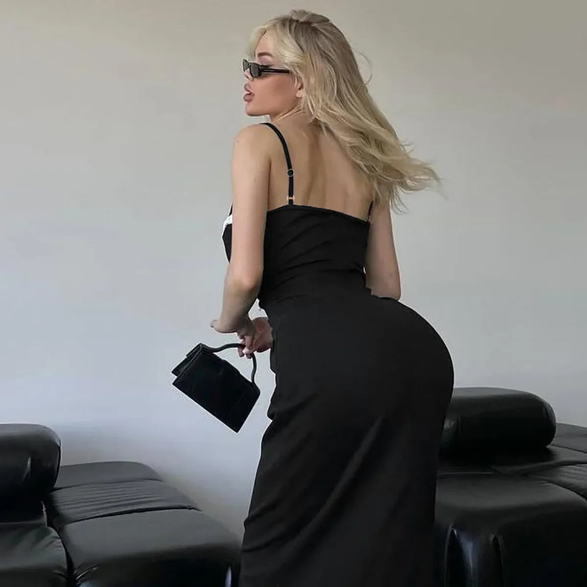 Open Back Lace Patchwork Black Maxi Dress - View 7