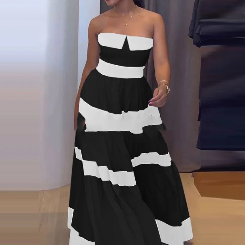 Elegant Strapless Striped Evening Dress for Stylish Parties - Fashionpara