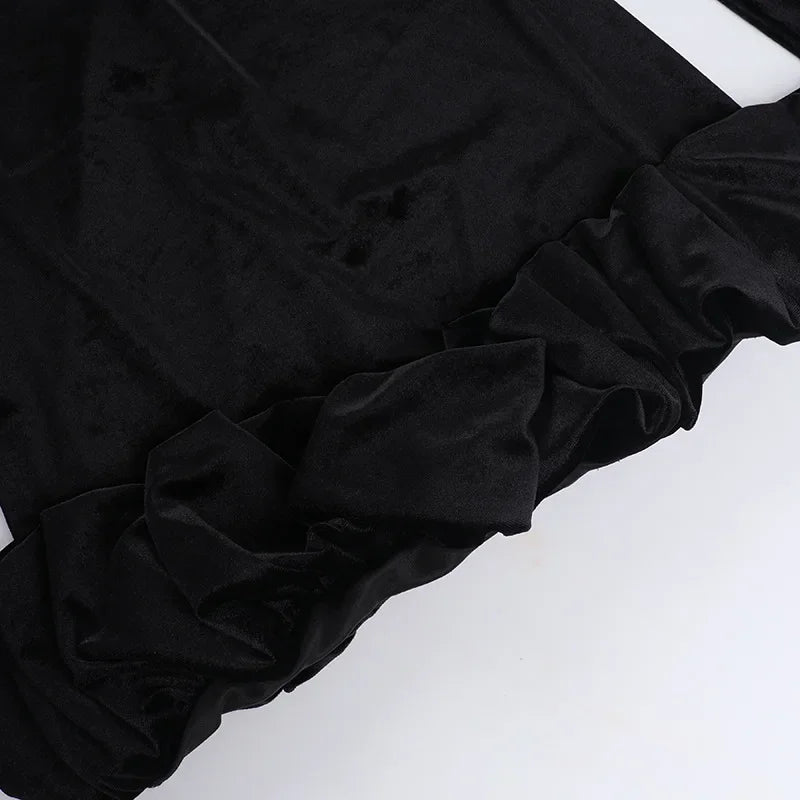 Velvet 3D Pleated Hem Long Sleeve Dress - View 5