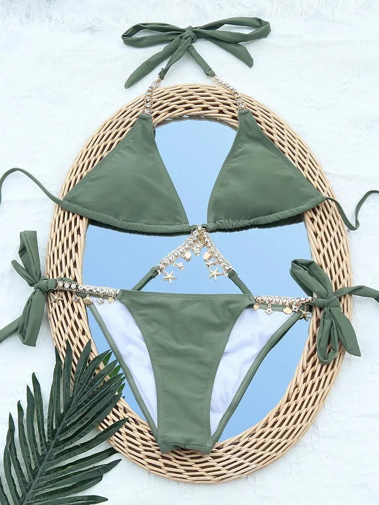 Wrinkled Diamond Metal Chain Bikini Set