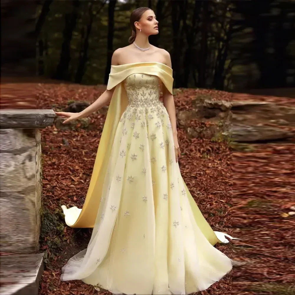 Off Shoulder Rhinestone Floral Beaded Tulle Cape A-Line Maxi Gown