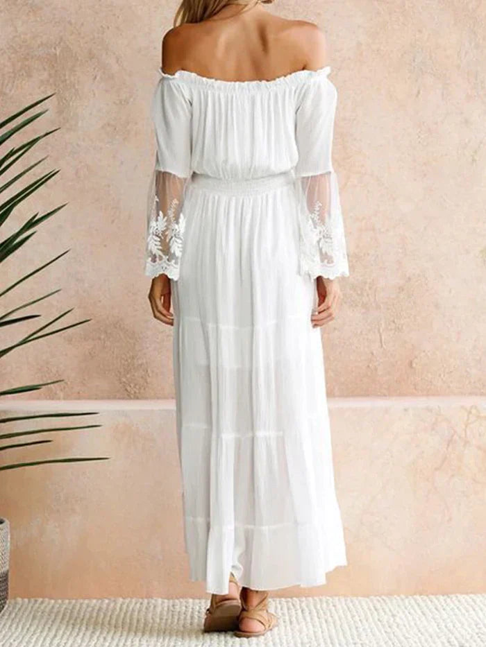Off Shoulder Lace Bell Sleeve Smocked Tiered Chiffon Maxi Dress - View 5