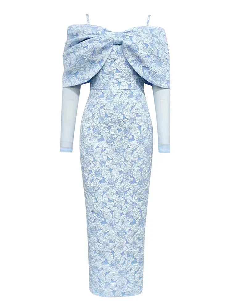 Off Shoulder Long Sleeve Jacquard High Split Midi Dress - View 7
