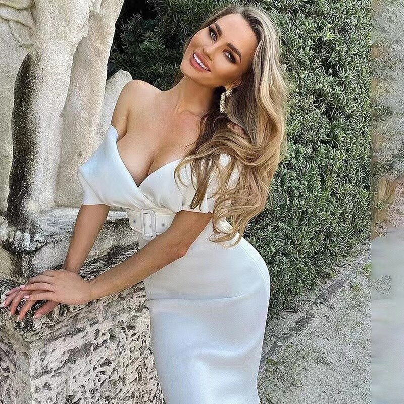 Off Shoulder Structured Collar Belted Bodycon Midi Cocktail Dress - View 7