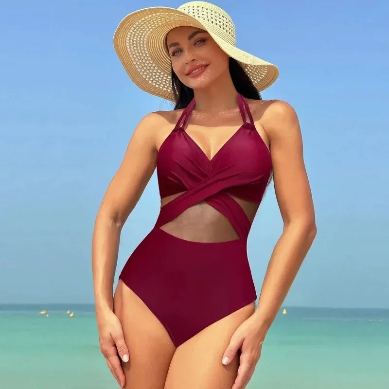 Solid Mesh V-neck One Piece Set