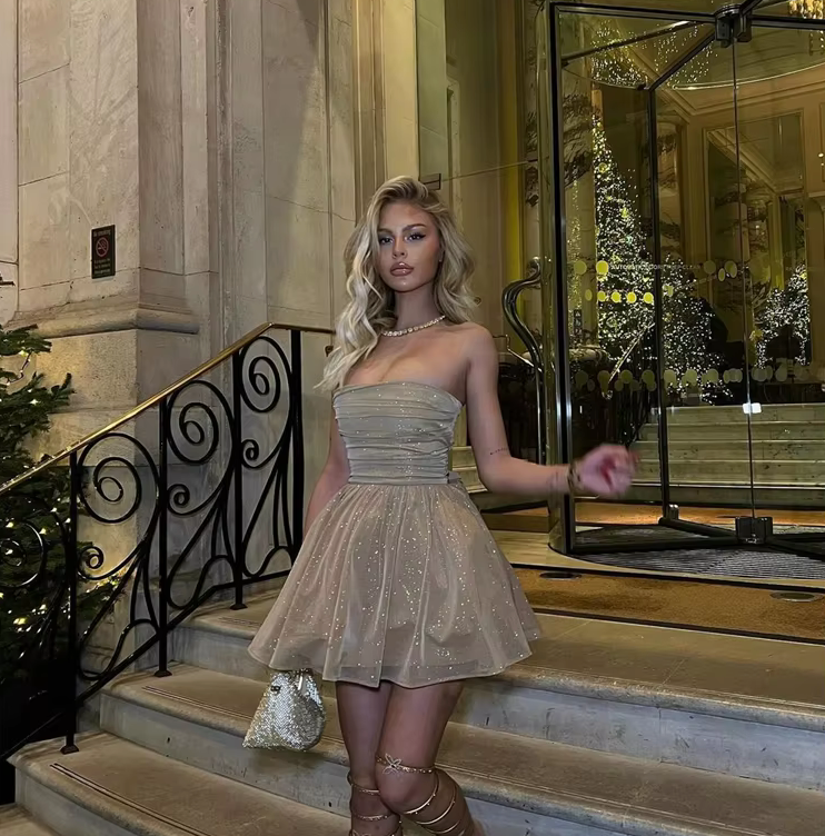 Strapless Ruched Glitter Bodice Tiered Tulle Mini Party Dress