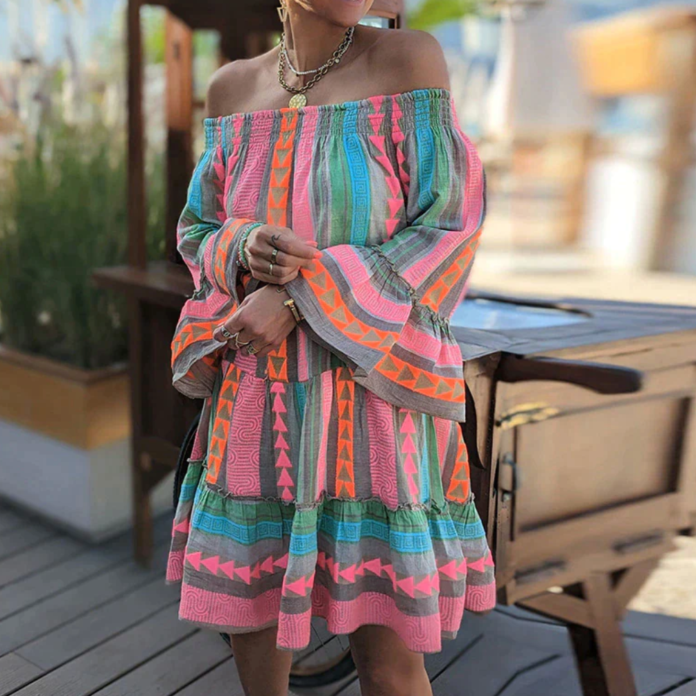 Off Shoulder Smocked Bell Sleeve Tiered Ruffle Mini Dress