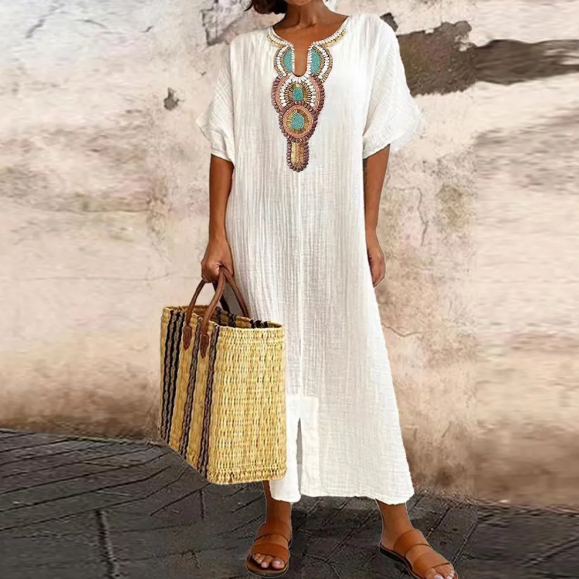 Embroidered Bib Deep V-Neck Short Sleeve Kaftan Maxi Dress