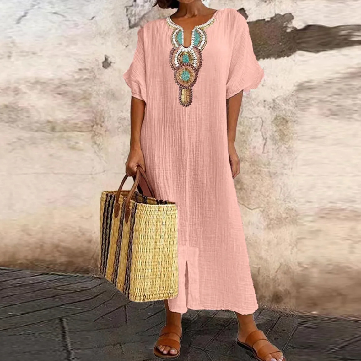 Embroidered Bib Deep V-Neck Short Sleeve Kaftan Maxi Dress - View 3