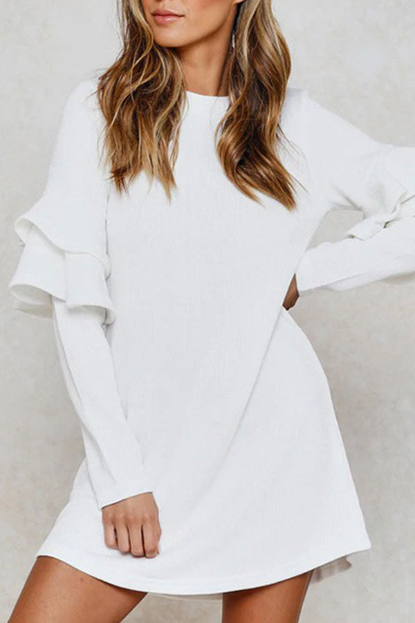 White Round Neck Ruffle Sleeve Dress