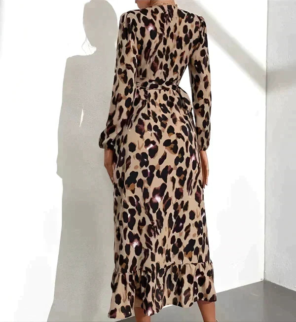 Leopard Print Wrap Deep V-Neck Long Sleeve Maxi Dress - View 2