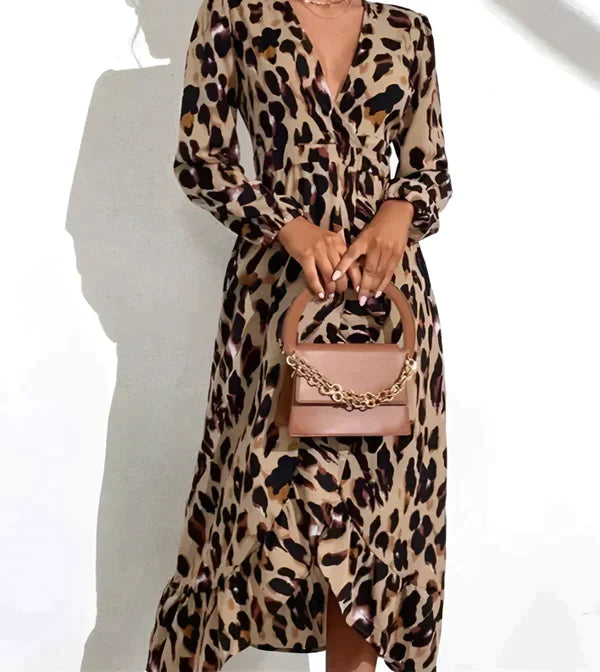 Leopard Print V-Neck Wrap Long Sleeve Ruffle Trim Midi Dress - View 2