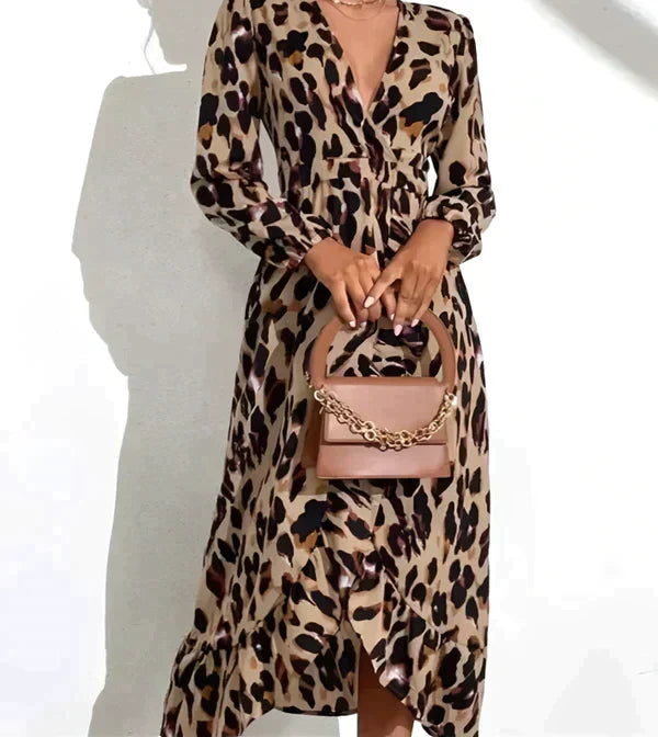 Leopard Print Wrap Deep V-Neck Long Sleeve Maxi Dress
