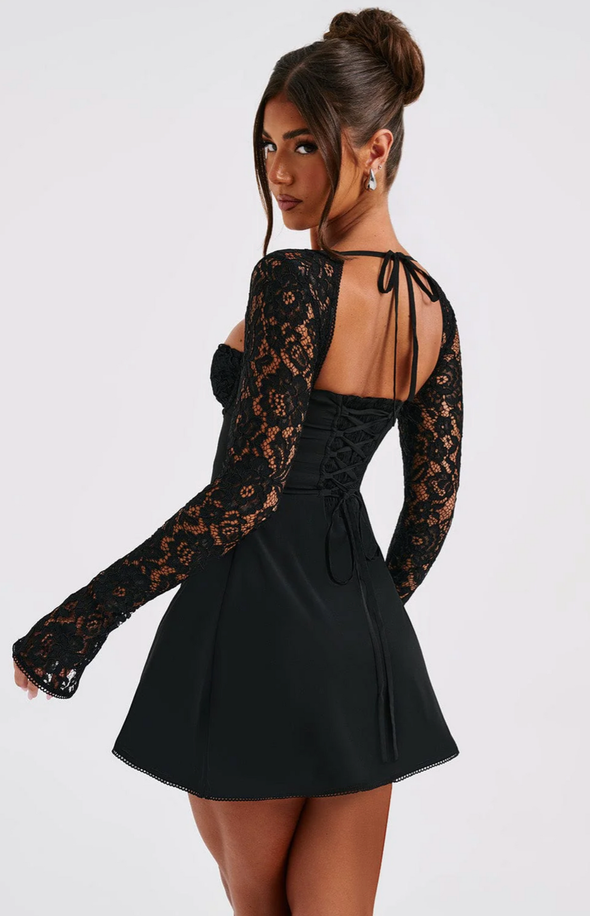 Anina - Tie - Up Lace Sleeves Mini Dress - View 11