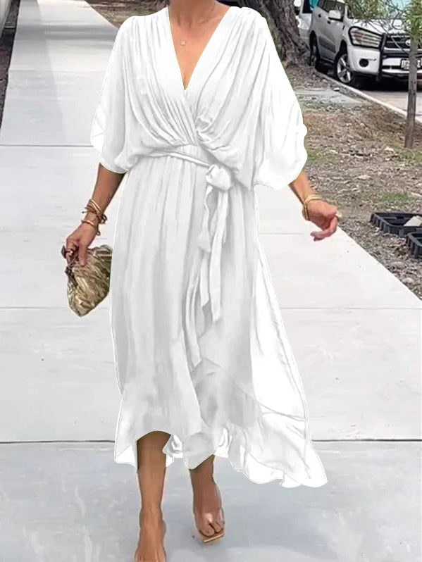 Pleated Chiffon Wrap V-Neck Kimono Sleeve Tie Waist Ruffle Maxi Dress - View 11