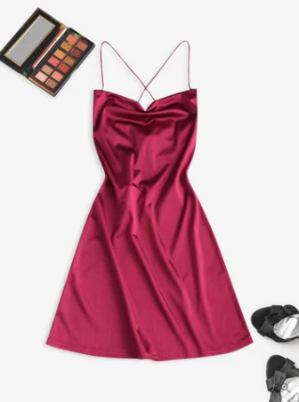 Satin Cowl Neck Spaghetti Strap Cross Back Mini Cocktail Dress