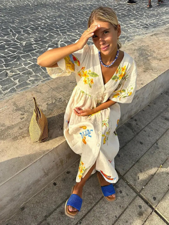 Tropical Graphic Print Deep V-Neck Button Front Midi Dress