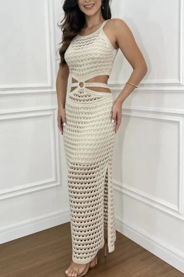 Crochet Knit Scoop Neck Ring Waist Cut Out High Split Maxi Dress - View 3