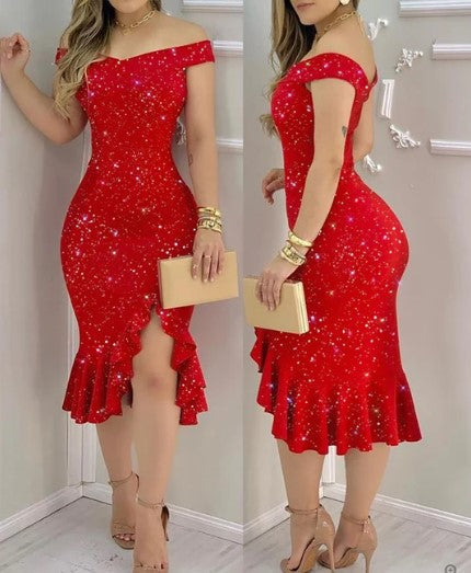 Off Shoulder Floral Print High Split Ruffle Hem Bodycon Midi Dress - View 5