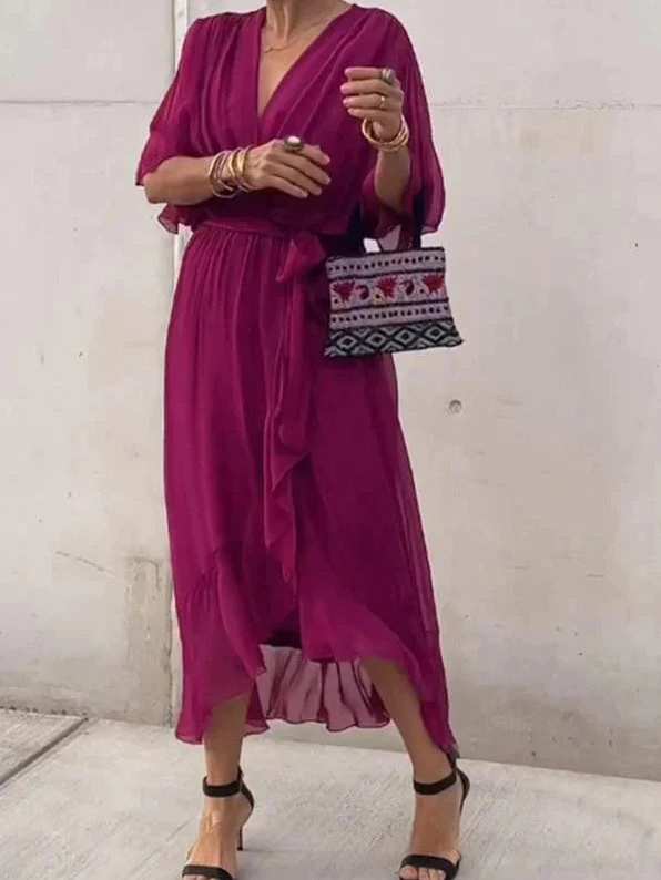 Pleated Chiffon Wrap V-Neck Kimono Sleeve Tie Waist Ruffle Maxi Dress - View 6