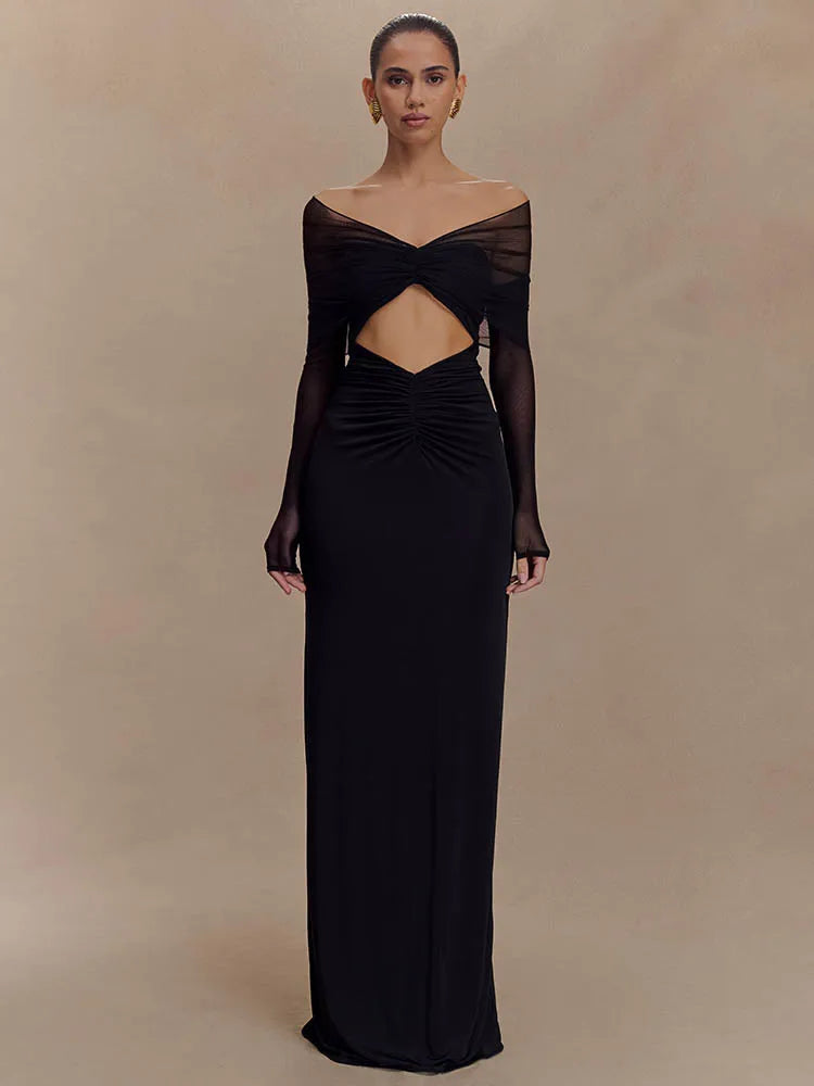 Off Shoulder Long Sleeve Cut Out Ruched Maxi Dress - View 6