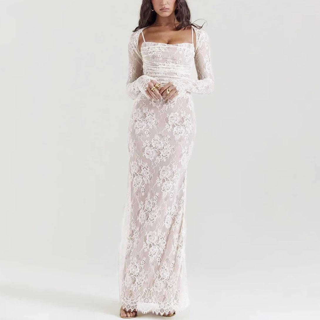Vintage Lace Strappy Long-Sleeve Ruched Maxi Dress 13