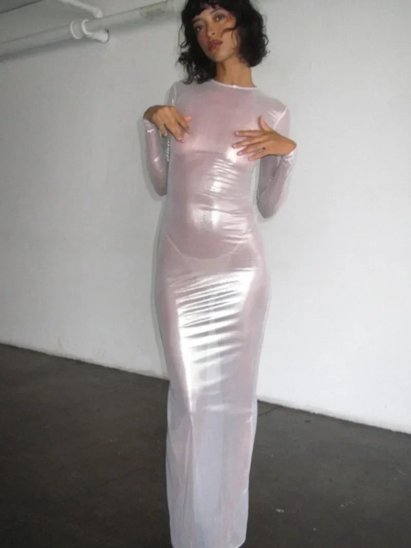 Mesh Long Sleeve Crew Neck Bodycon Maxi Dress - View 4