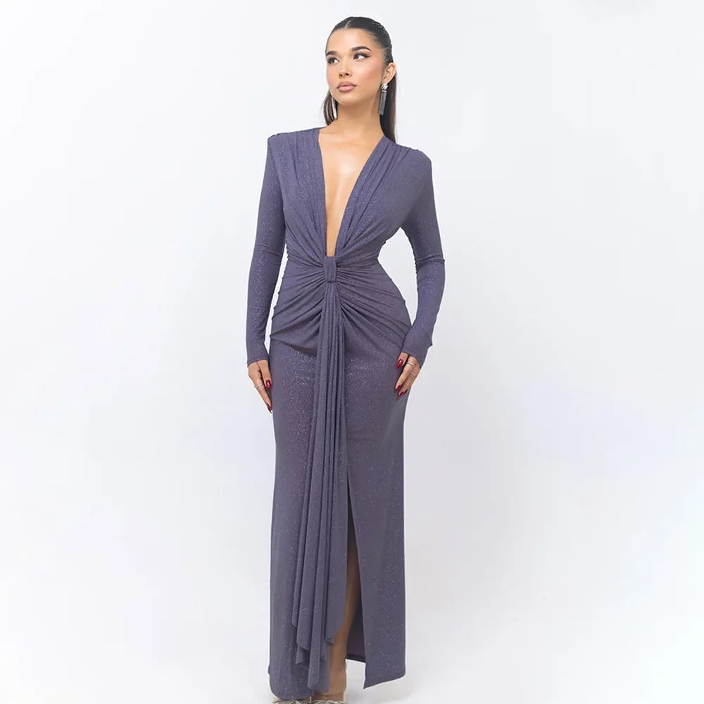 Elastic Deep V - Fold Lace Maxi Dress - View 6