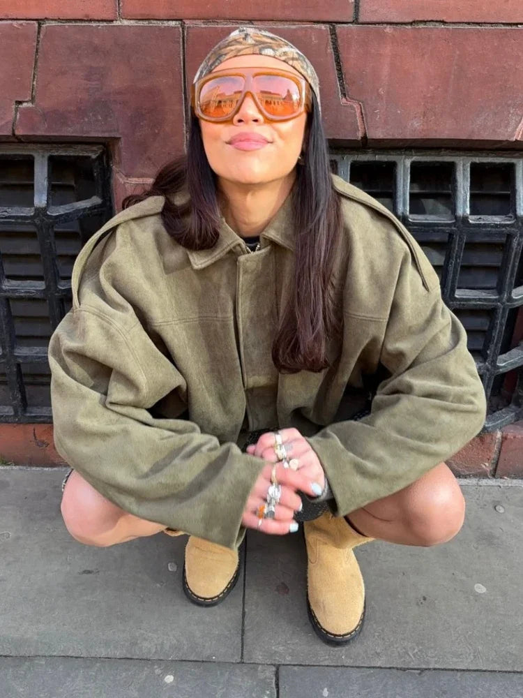 Brown Green Lapel Bomber Jacket - Fashionpara