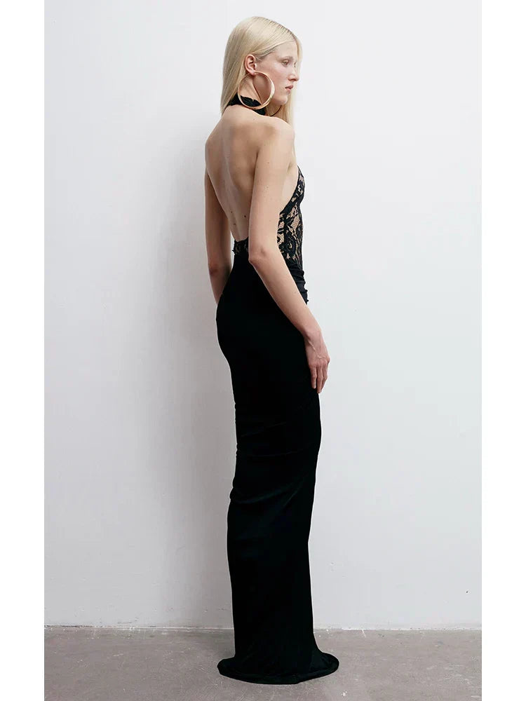 Halter Neck Lace Patchwork Black Maxi Dress - View 5