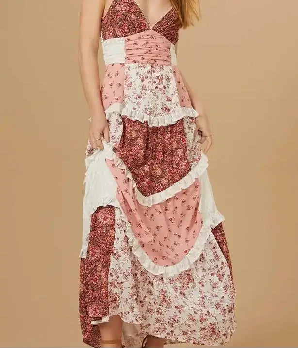 Boho Tie Shoulder Patchwork Floral Dress