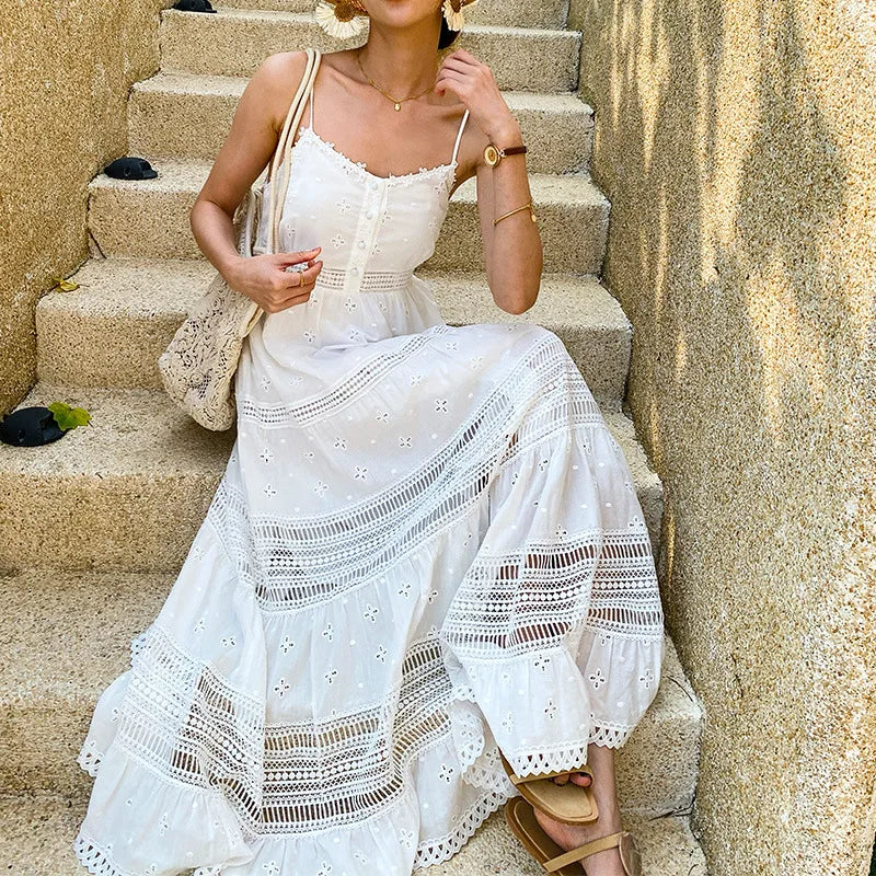 Sleeveless Back Elasticity White Cotton Boho Dress